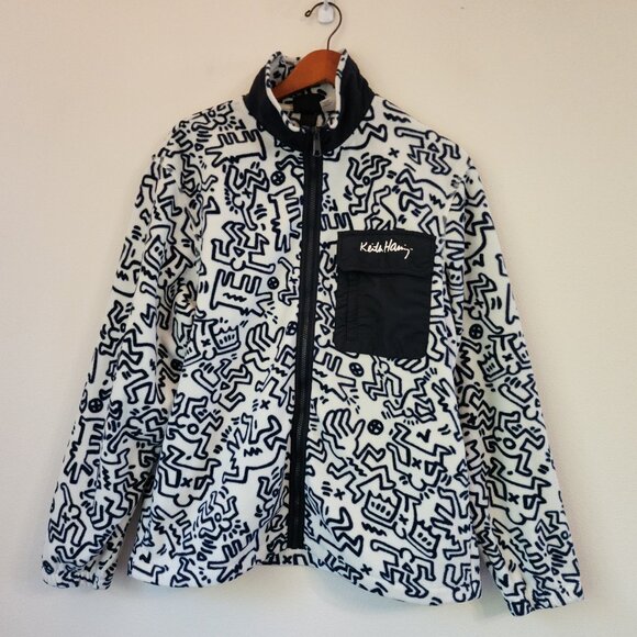 Keith Haring x H&M Fleece Jacket White &Navy Doodle Unisex Adult M Urban Artsy - Picture 1 of 16